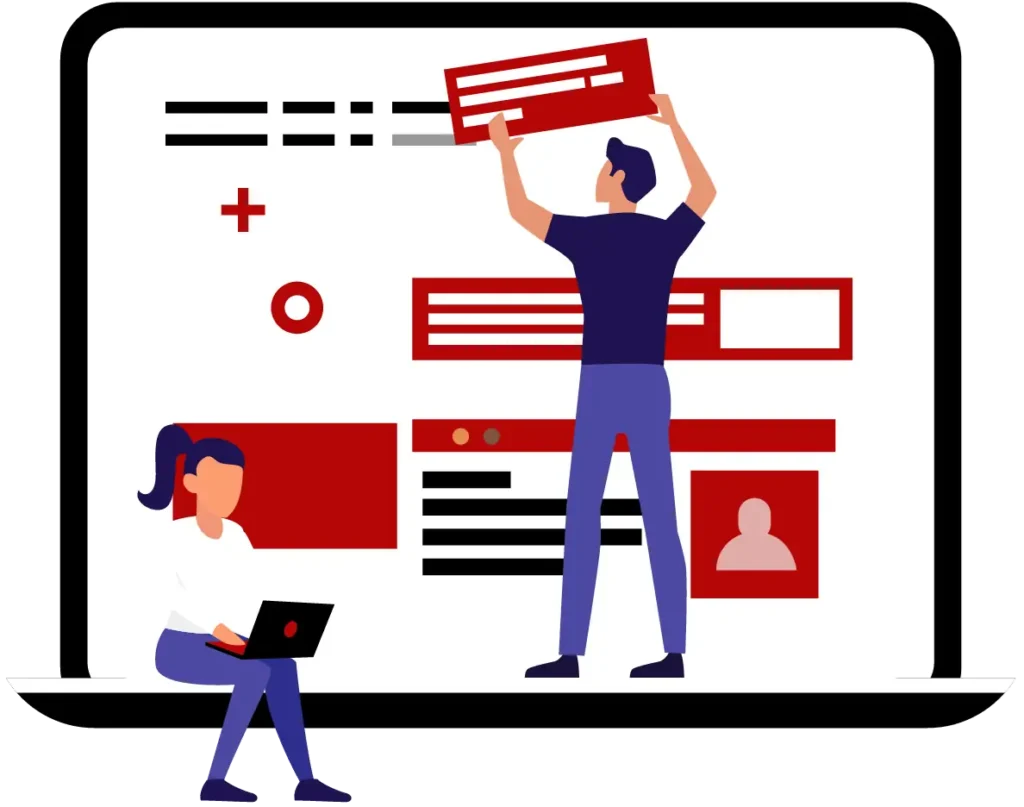 2 Personen, die auf einem übergroßen Laptop sind, um eine Website zu erstellen