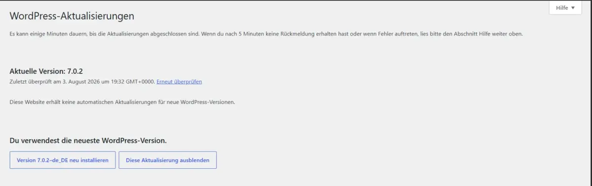 WordPress Aktualisierungsbildschirm